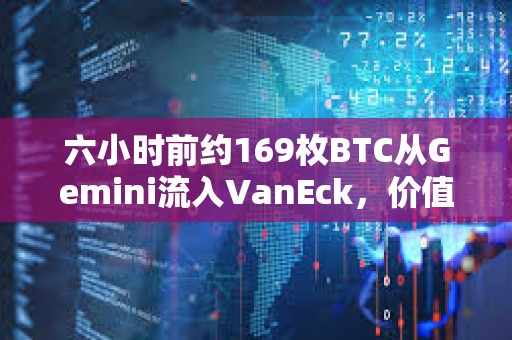 六小时前约169枚BTC从Gemini流入VanEck，价值1133万美元